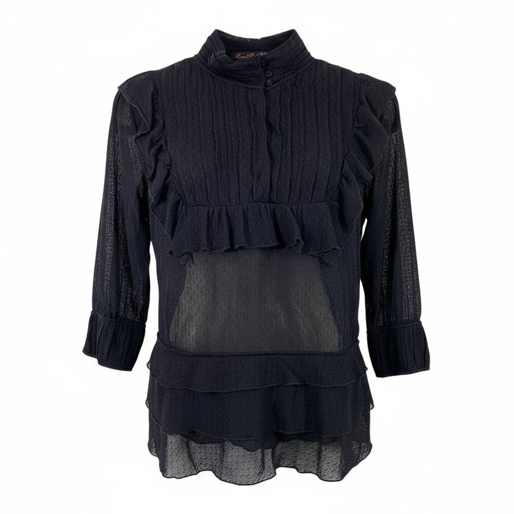 Vintage 90s Central Park West Black Lace Sheer Organza Ruffles Q/S Blouse Size P
